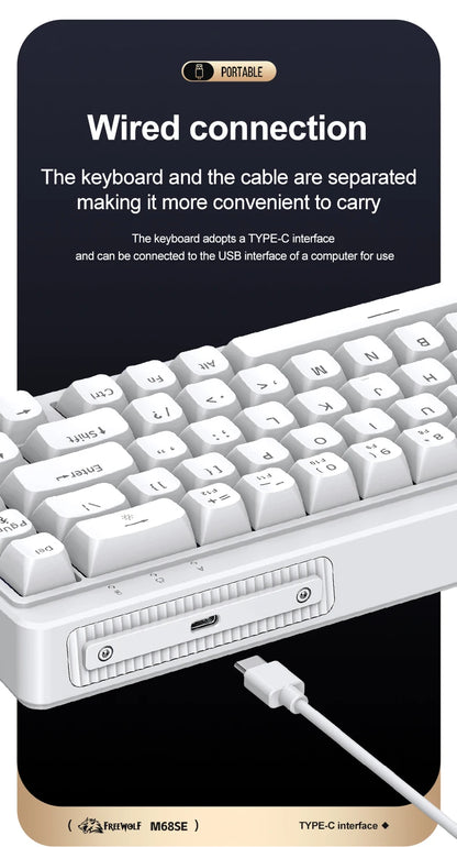 FREEWOLF M68SE Teclado mini con cable de 68 teclas, retroiluminación RGB, Type-C, diseño 68%, compacto para gaming, oficina, PC y portátil