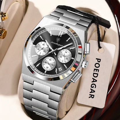 Pánské hodinky POEDAGAR – luxusní chronograf z nerezové oceli, s datem, vodotěsné a s luminiscenčními prvky – sportovní náramkové hodinky s quartzovým strojkem
