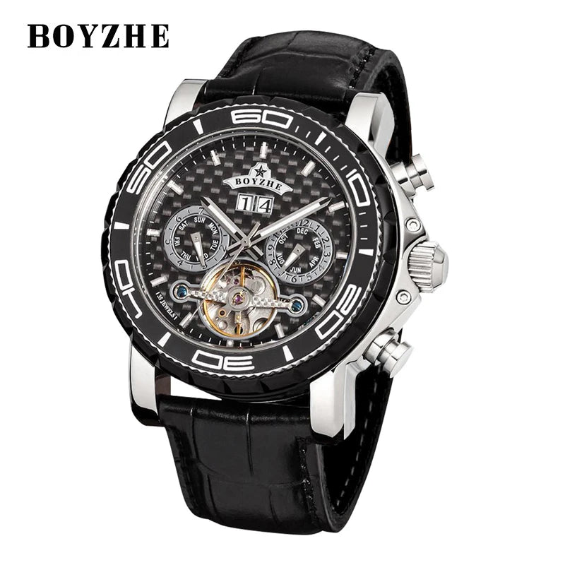 BOYZHE Brand Luxury Tourbillon Mechanical Watch Men Sports Leather Strap Waterproof Classic Date Week Automatic Sapphire Watches
