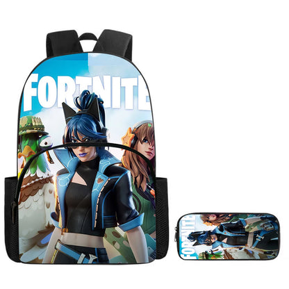 Fortnite Cartoon 2-Piece Set Backpack with Front Pocket Pencil Case Unisex Large Capacity School Bag Ages 5-8