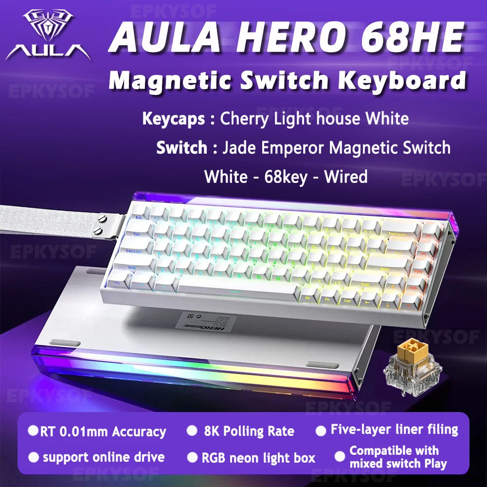 AULA HERO 68HE Teclado Mecânico Gaming RGB com Switch Magnético Rapid Trigger Retorno 8K com Fio Teclado Personalizado para Esports