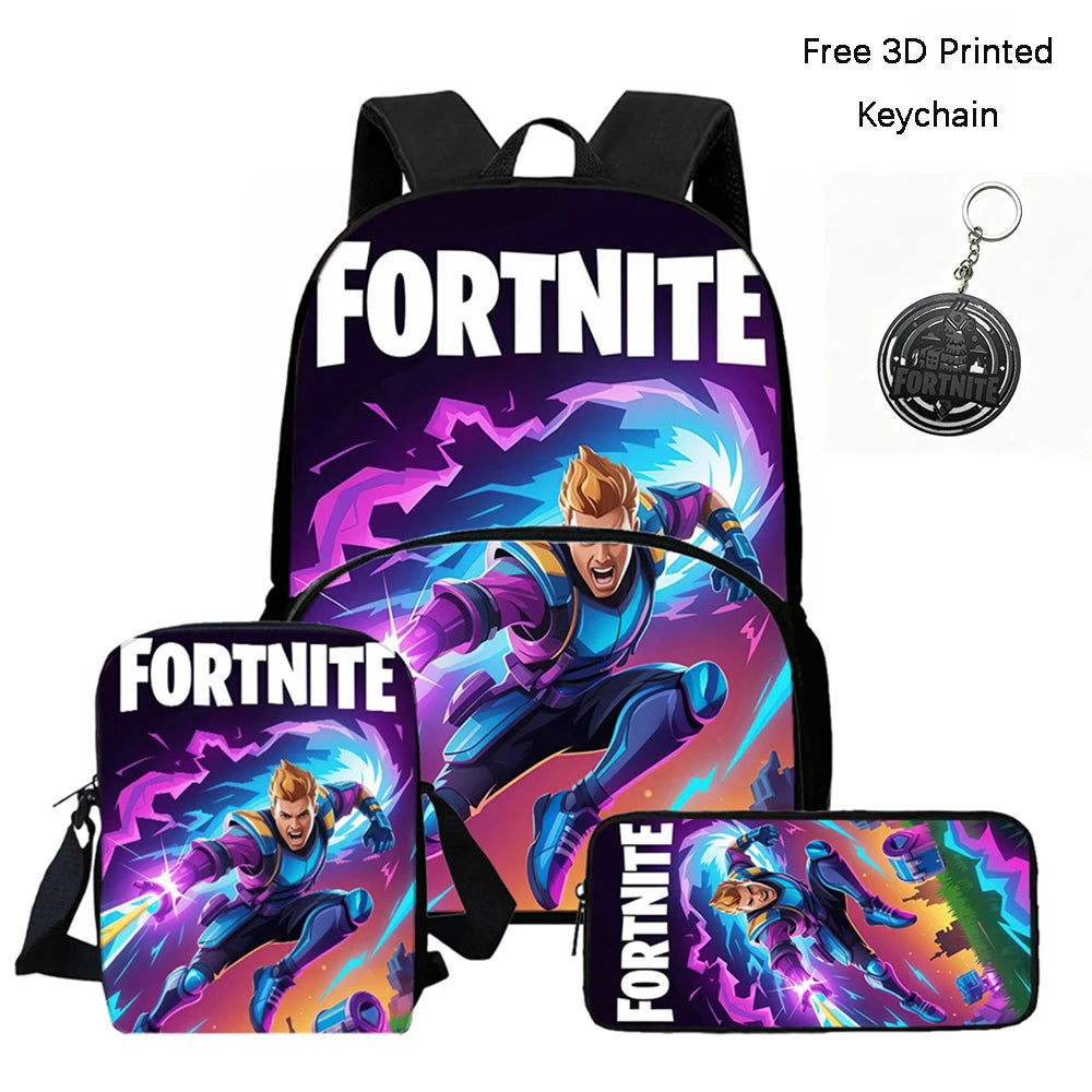 FORTNITE 3-Piece School Backpack Set with Front Pocket Bag, Crossbody Bag, and Pencil Case for Ages 5-10 Boys and Girls, Lightweight, Includes Free 3D Printed Keychain