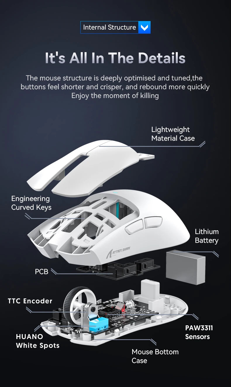 Mouse da gaming wireless ATTACK SHARK X11SE, tri-mode, ultraleggero 63g con sensore PAW3311, 22000 DPI, batteria 300mAh, doppio driver