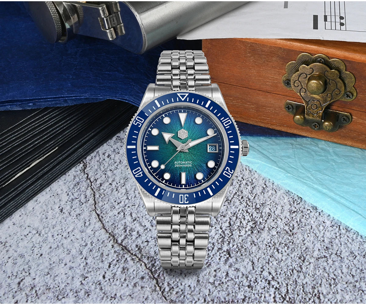 Orologio subacqueo di lusso da uomo San Martin 40mm, Miyota 9015, quadrante smaltato sunburst, automatico meccanico, impermeabile 200m, SN0148