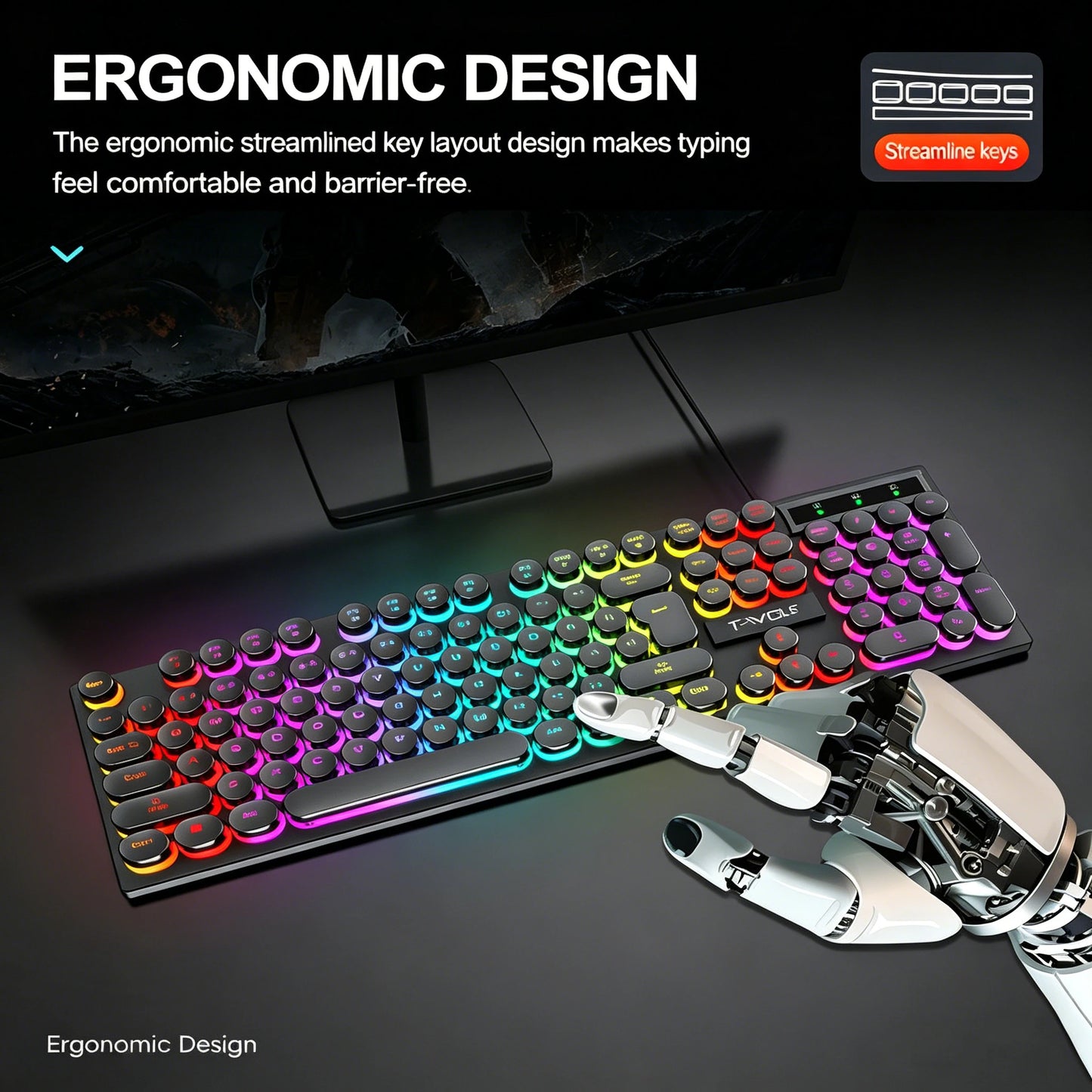 Typewriter style Mechanical feel Gaming Keyboard, Wired, RGB Backlit, Round Keycaps Mouse and Keyboard Bundle Waterproof 104-Key