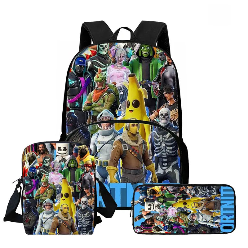 Fortnite Cartoon 3Pcs Backpack Set Unisex for Boys Girls, Backpack with Front Pocket, Crossbody Bag & Pencil Case, Best Gift