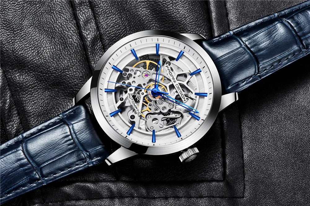 PAGANI DESIGN New Skeleton Men's Mechanical Watches Top Luxury Automatic Watch Men Blue Leather Waterproof Wrist watch Men