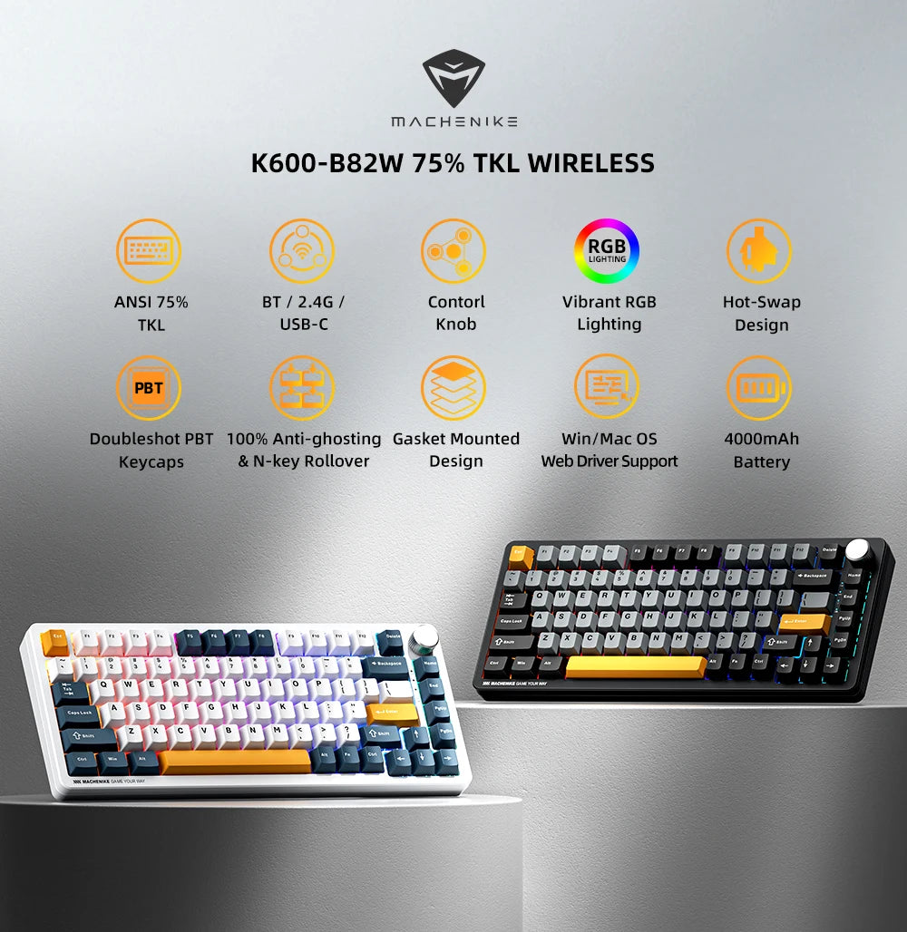 Tastiera meccanica Machenike K600-B82W Tri-Mode con montaggio Gasket, layout ANSI 75%, retroilluminazione RGB, tastiera gaming wireless