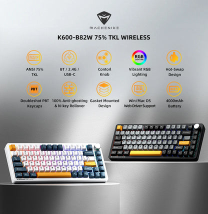 Tastiera meccanica Machenike K600-B82W Tri-Mode con montaggio Gasket, layout ANSI 75%, retroilluminazione RGB, tastiera gaming wireless
