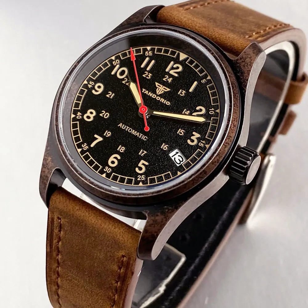 PVD Bronze Case TANDORIO 36mm Military Field Watch Men Japanese NH35A Automatic Movement Sapphire 200M Waterproof Pilot Watches