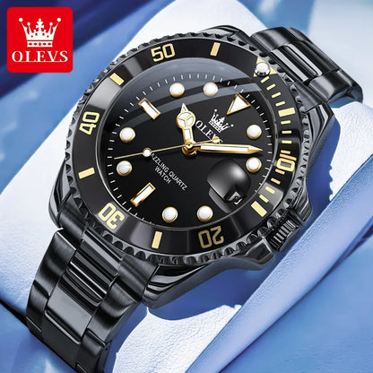 Montre pour homme OLEVS 5885 – Modèle authentique, bracelet en acier, calendrier, mouvement à quartz, livrée dans un coffret cadeau de luxe