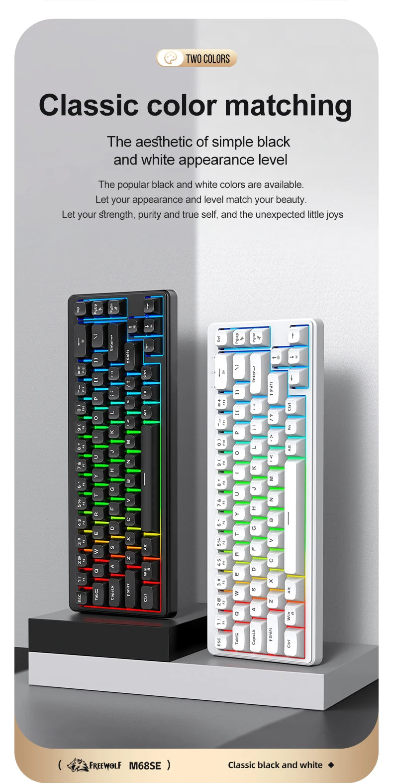 FREEWOLF M68SE Teclado mini con cable de 68 teclas, retroiluminación RGB, Type-C, diseño 68%, compacto para gaming, oficina, PC y portátil