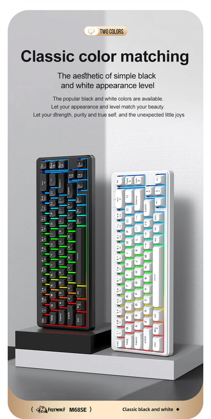 FREEWOLF M68SE Teclado mini con cable de 68 teclas, retroiluminación RGB, Type-C, diseño 68%, compacto para gaming, oficina, PC y portátil