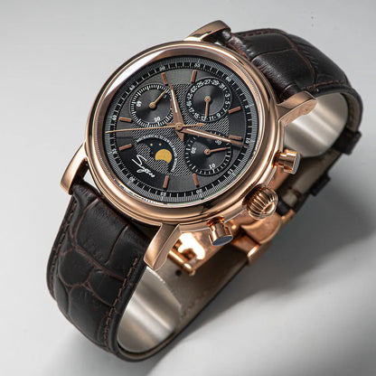 Sugess Men Watch ST1908 Swanneck Movement Mechanical Chronograph Wristwatch Genuine Moonphase Calendar Vintage Leather NEW 2023