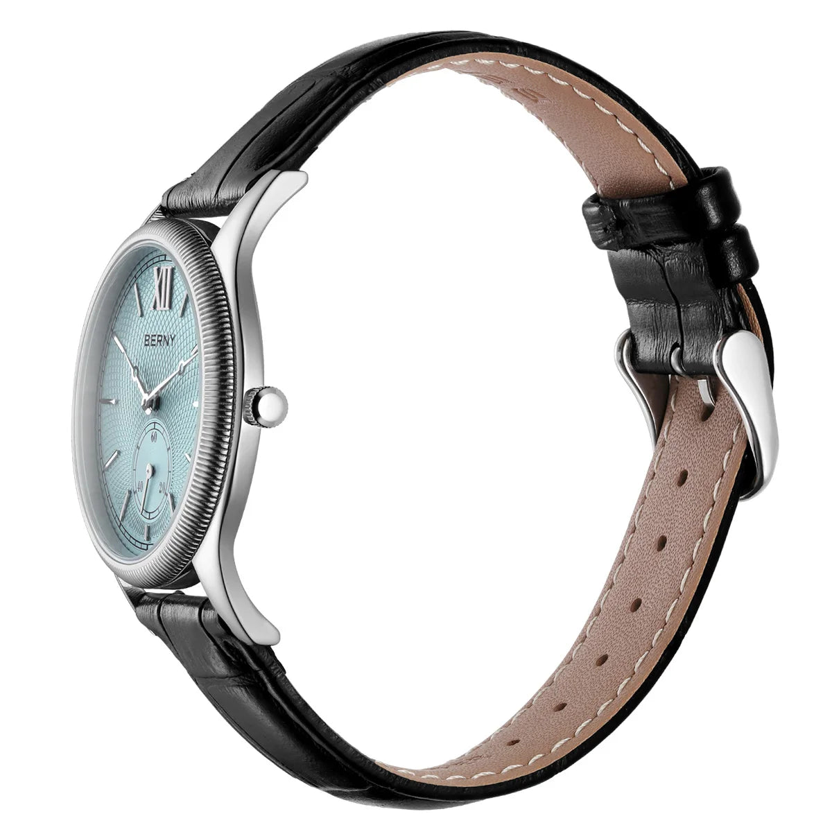 BERNY Watches for Men Luxury Slim Classic Stylish Dress Quartz Watch Stainless Steel Case Elegance Leather Band Wristwatch