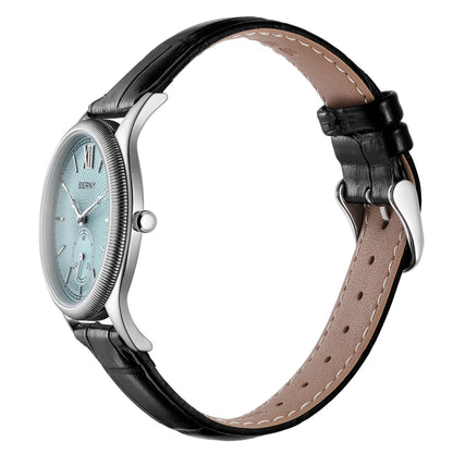 BERNY Watches for Men Luxury Slim Classic Stylish Dress Quartz Watch Stainless Steel Case Elegance Leather Band Wristwatch