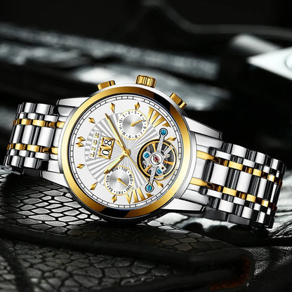 LIGE mekaniske automatiske armbåndsure til mænd – Luksuriøst ur i topklasse med tourbillon, elegant og vandtæt model, ideelt til arbejde eller formelle lejligheder.