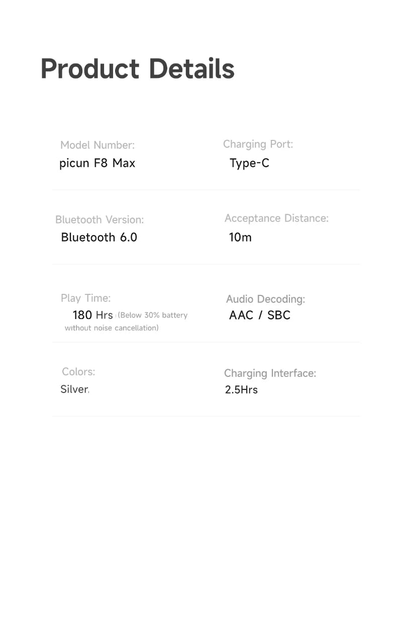Auriculares inalámbricos Picun F8MAX ANC con cancelación activa de ruido híbrida de 59dB, audio espacial, Bluetooth 6.0, diseño over-ear y hasta 180H