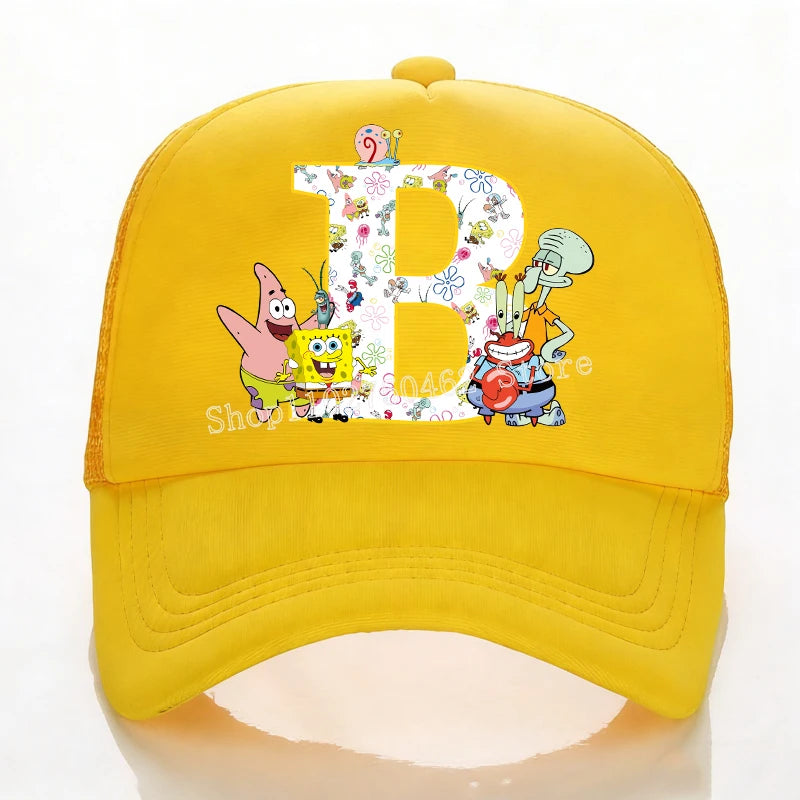 SpongeBobs Baseball Cap Kids Adult Summer Outdoor Sports Sun Hat Child Cute Letter A-Z Sunbonnet Breathable Mesh Headgear Gift