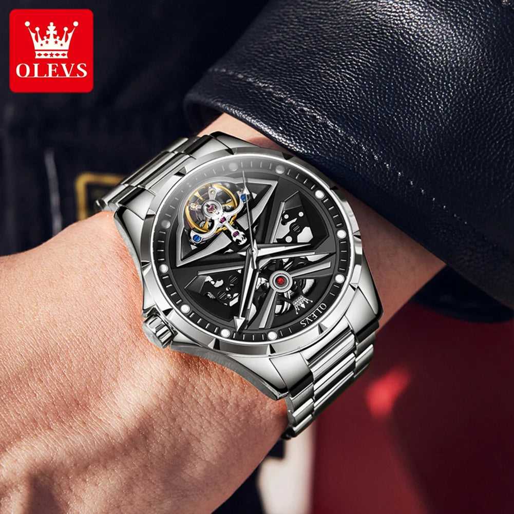 OLEVS 6655 herenhorloge, volledig automatisch skeletmodel; luxe mechanisch polshorloge, verlicht en waterdicht.