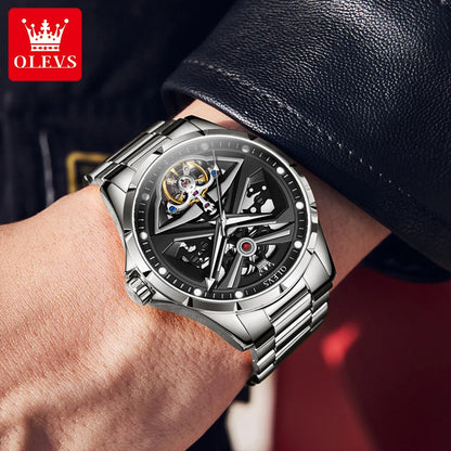 OLEVS 6655 herenhorloge, volledig automatisch skeletmodel; luxe mechanisch polshorloge, verlicht en waterdicht.