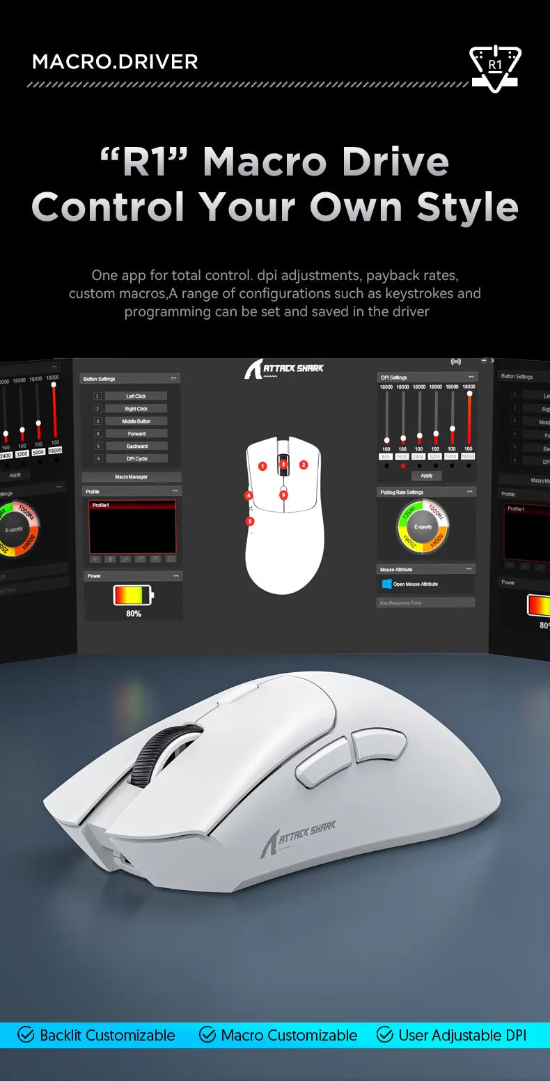 Mouse gaming wireless Attack Shark R1 leggero Bluetooth 2.4G PAW3311 18000DPI ergonomico con macro