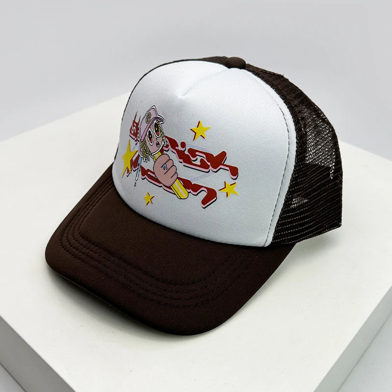 Trucker-Caps im amerikanischen Stil mit Cruise-Print, Anime-Motiven und neuem Schriftzug – atmungsaktive Baseballmützen mit Netzfutter für Herren und Damen, vielseitig kombinierbar
