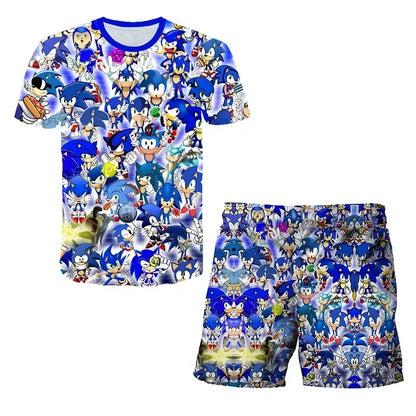 Fashion 3D Anime Children's T-shirt Set Sonic The Hedgehog Top Short Sleeve + Shorts Two-piece Set Girls Boys Cosplay Costume