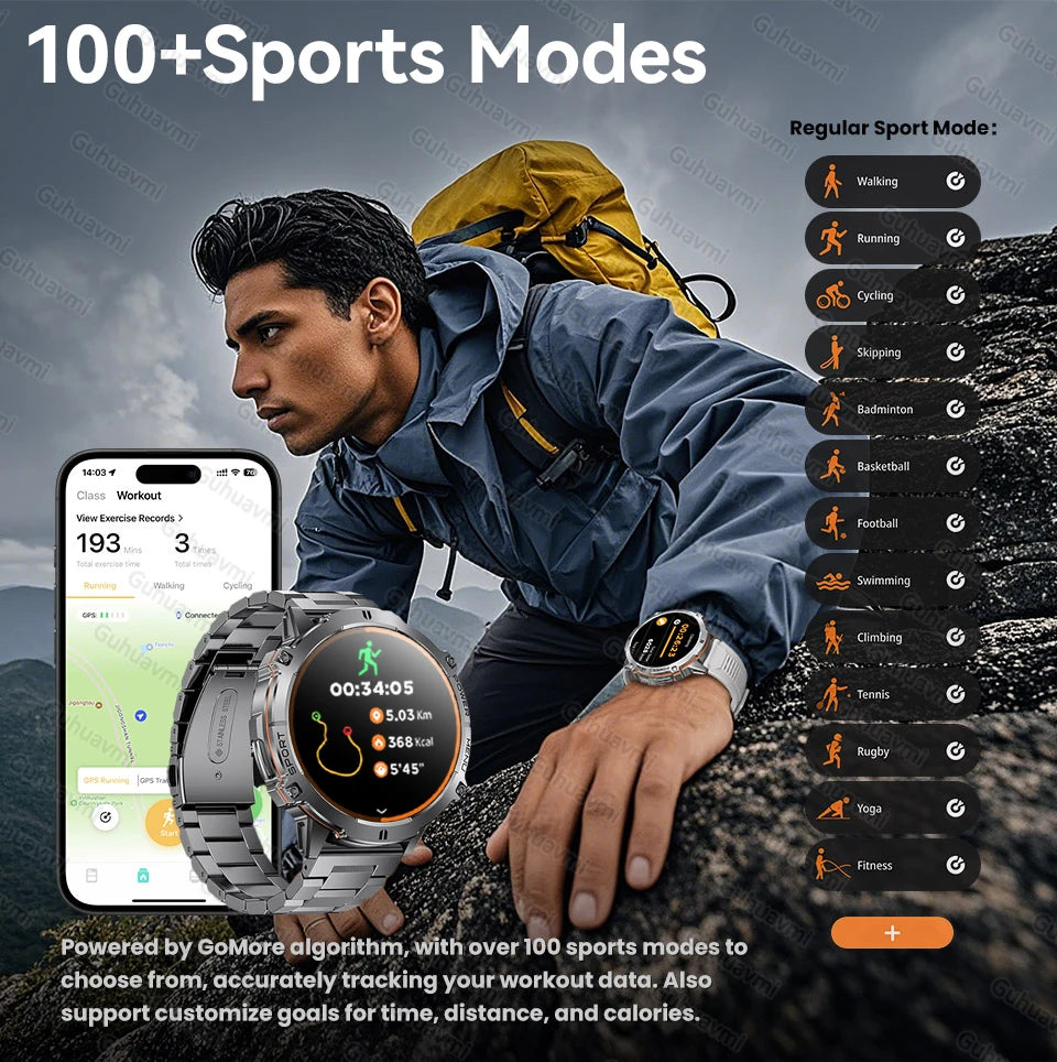 2026 Novo Smartwatch Militar TANK X3 para Homem, Bateria 1000mAh, 10ATM À Prova de Água para Natação, Percurso GPS, Ecrã AMOLED HD de 1.75", Chamadas e Desporto