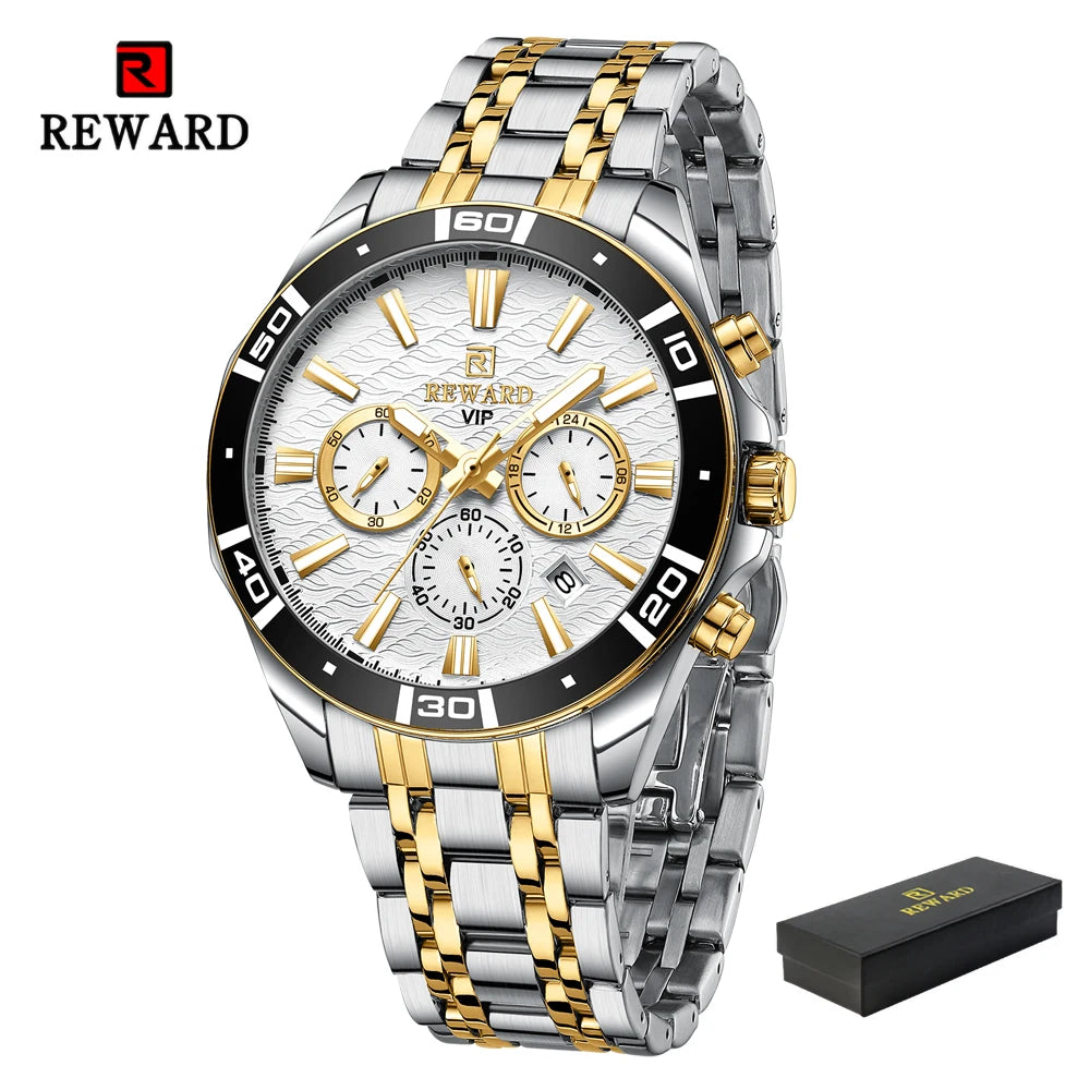 REWARD Mens Watches Waterproof  Luminous Quartz Wristwatch Business Stainless Steel Strap with gift box