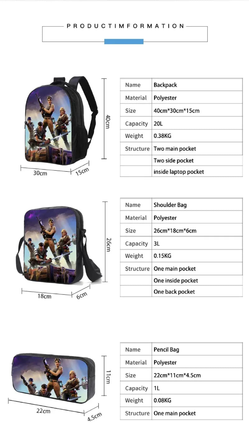 Mochila Fortnited de 3 piezas para niños Victory Game, 16 pulgadas, resistente al agua, mochila preescolar moderna, mochilas escolares para primaria