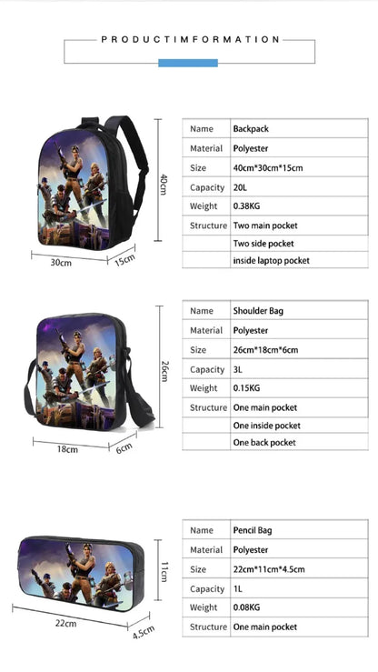 Mochila Fortnited de 3 piezas para niños Victory Game, 16 pulgadas, resistente al agua, mochila preescolar moderna, mochilas escolares para primaria