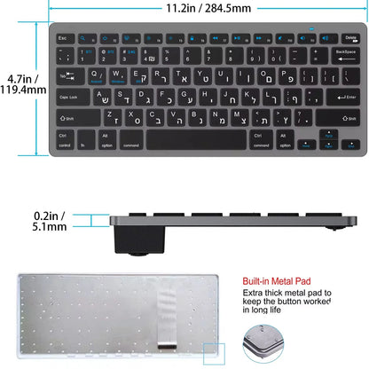 Teclado inalámbrico con distribución hebreo-inglés, Bluetooth y 2.4G de doble modo, delgado, compacto y ergonómico para Windows, iOS y Android