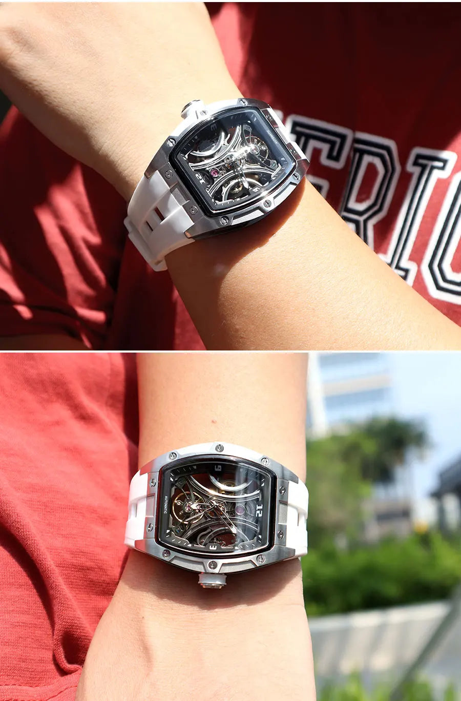 MEGIR Sports Style Automatic Mechanical Watch for Men Full Hollow Transparent Dial Design Stainless Steel Case Silicone Strap