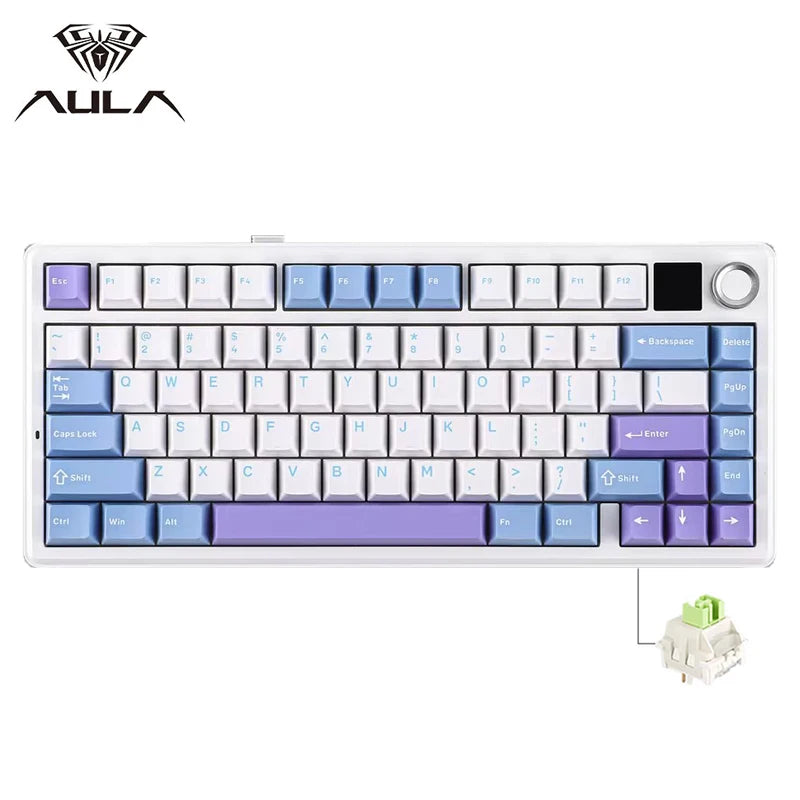 Teclado Mecânico Gaming AULA F75 MAX 2.4G Sem Fios/BT/Com Fio Hot-Swap RGB 75% 81 Teclas Teclado de Escritório com Ecrã TFT