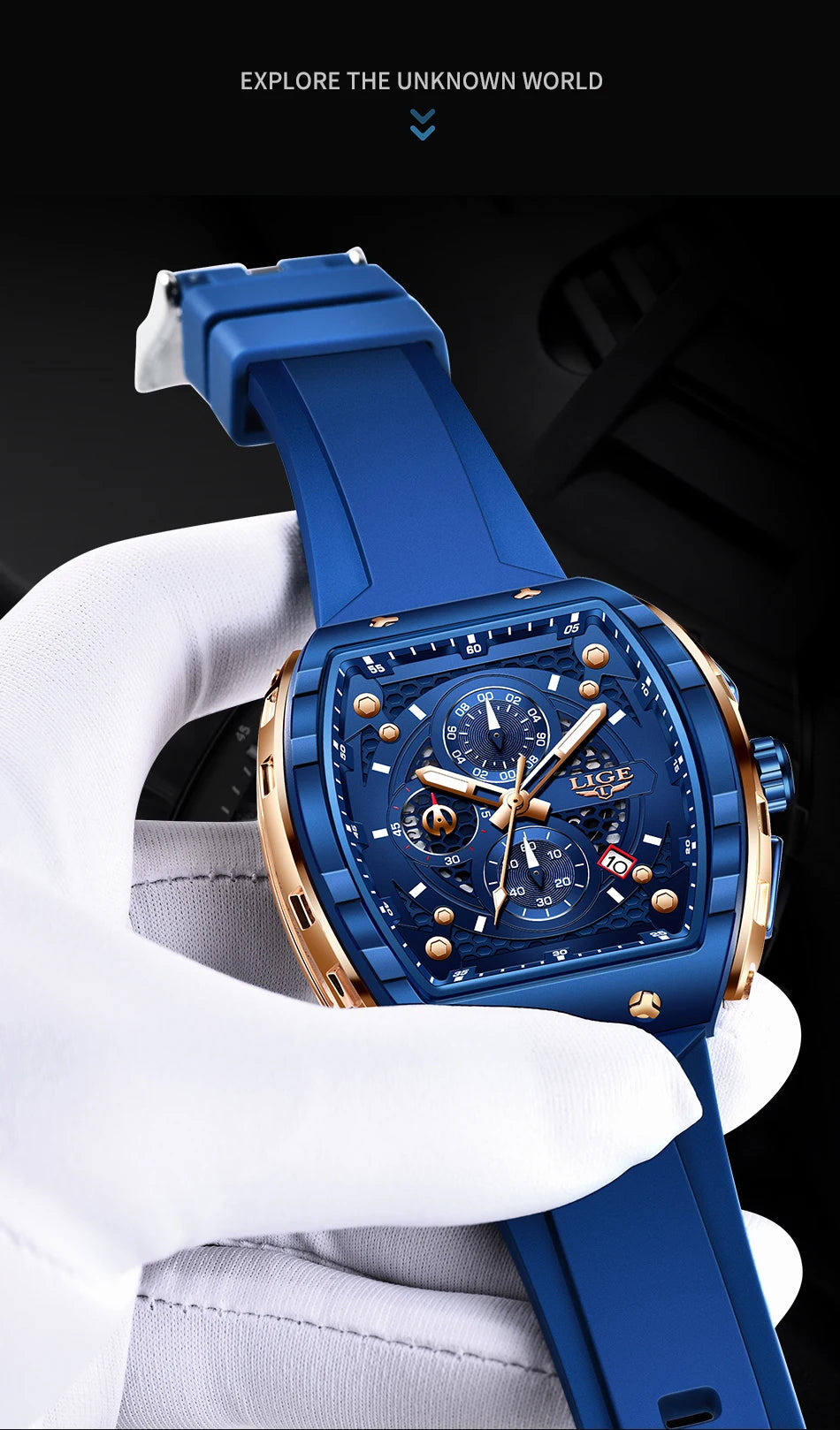 Relógio de Homem LIGE — Moda de Luxo, Impermeável, Bracelete em Silicone, Quartzo, Luminoso, Desportivo, Data Automática e Cronógrafo Simples