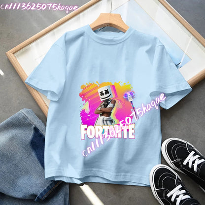 T-shirt blu in cotone per bambini Fortnites, maglietta a maniche corte Fortress Night per bebè, capo estivo cartoon per bambini e bambine, top kawaii, idea regalo