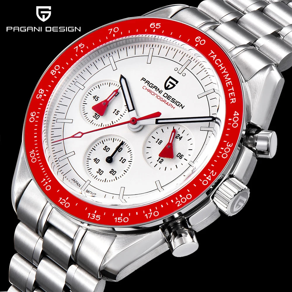 Reloj para hombre PAGANI DESIGN «New Moon» – Reloj de cuarzo de lujo, cronógrafo, cristal de zafiro con tratamiento antirreflectante, bisel de cerámica, agujas luminiscentes