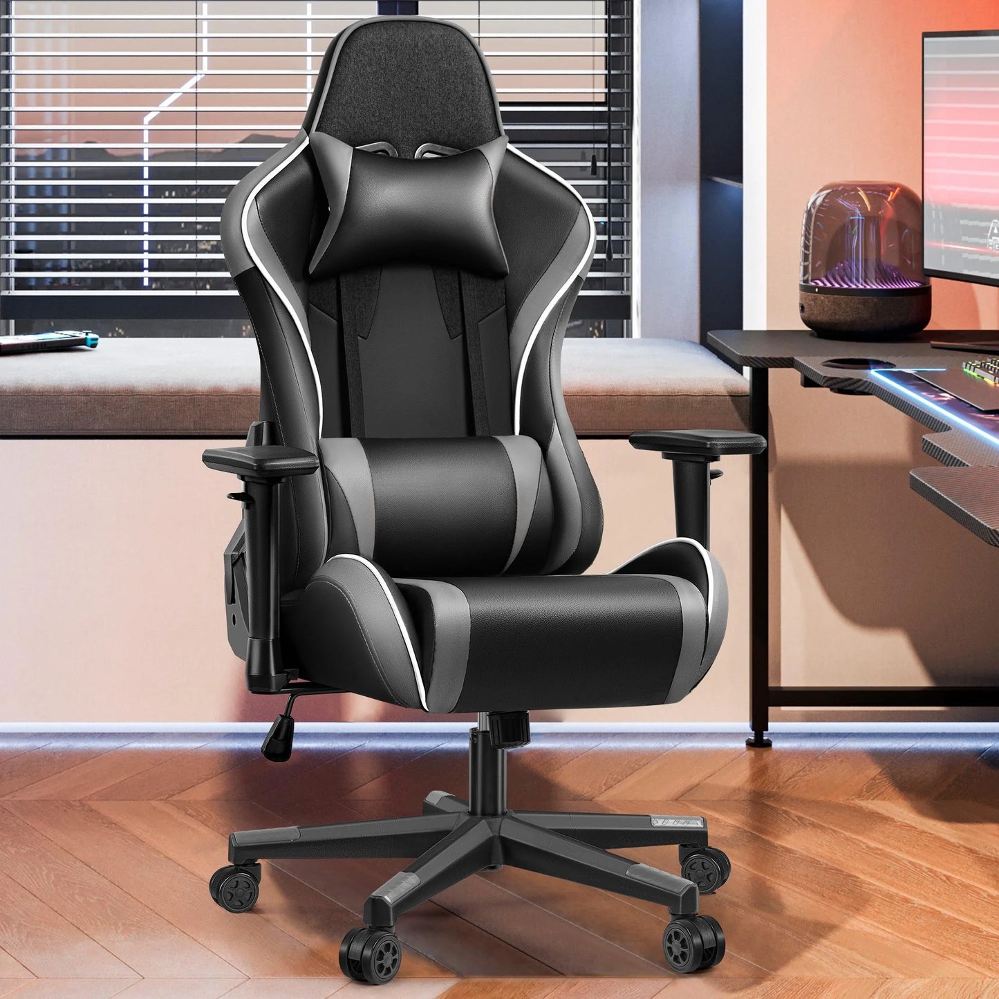 Ergonomic Gaming Chair with Headrest & Lumbar Pillow, 135° Reclining PU Leather Computer Chair for Gaming Office Setup