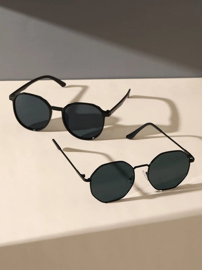 2PCS Men Geometric Frame Fashion Sunglasses Classic Cool Black Glasses For Daily Outdoor Life Women Eyewear Accessories.