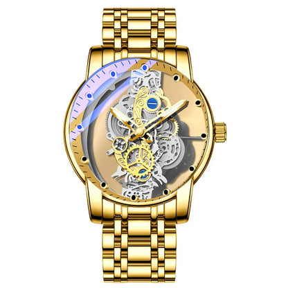 Trendy herenhorloge, model met dubbele opening, luxe gouden uitvoering, imitatie van een mechanisch tourbillon, quartz uurwerk.