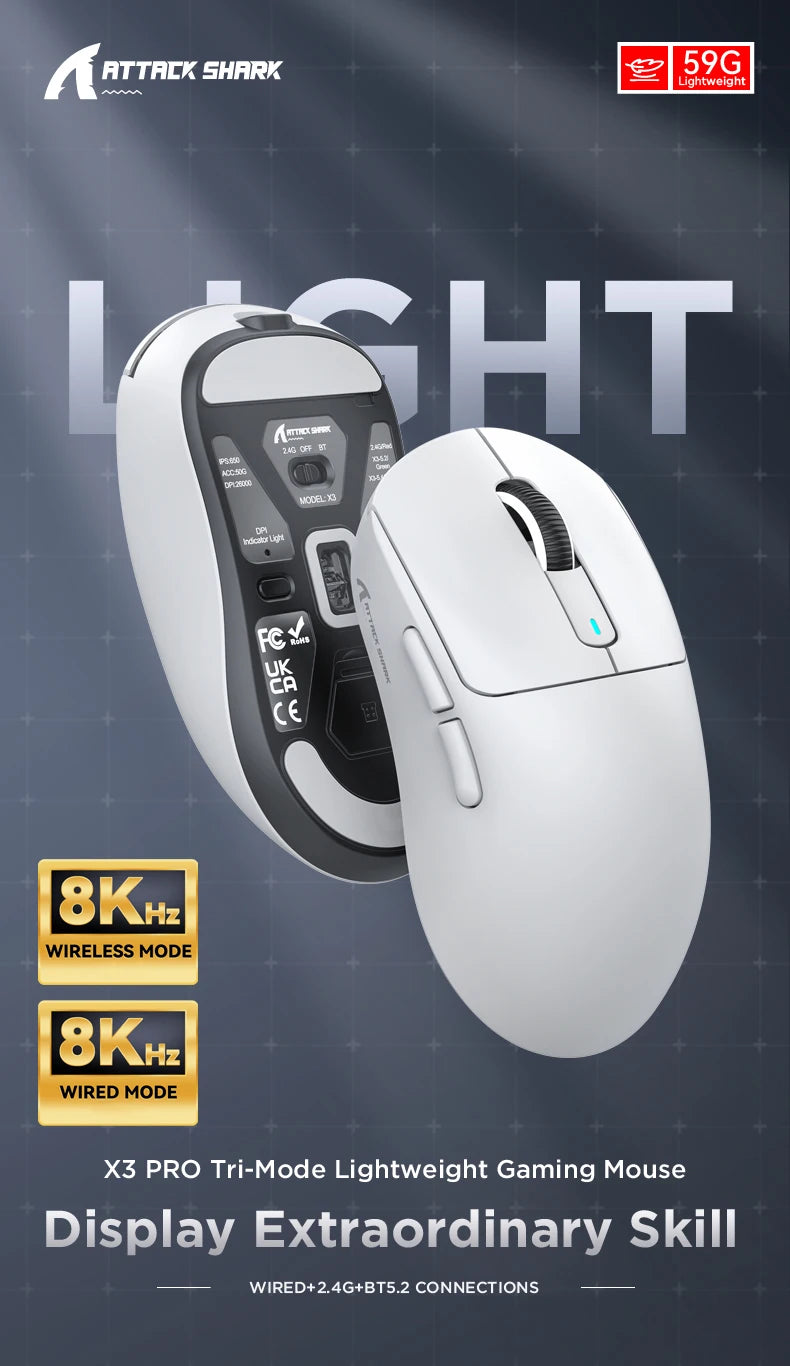Mouse gaming wireless ATTACK SHARK X3/X3PRO 4K/8K, 26K DPI, tri-mode (cablato/2.4GHz/BT5.2), leggero, sensore PAW3395 per gamer