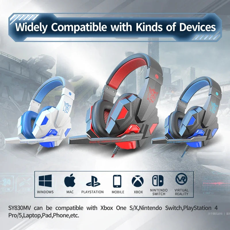 Auscultadores Gaming HOMEFISH SY830MV RGB com Microfone – Auscultadores Gaming Over-Ear com Fio para PC, PS5, Xbox e Nintendo Switch, Headset Esports Leve com Som Surround 3D