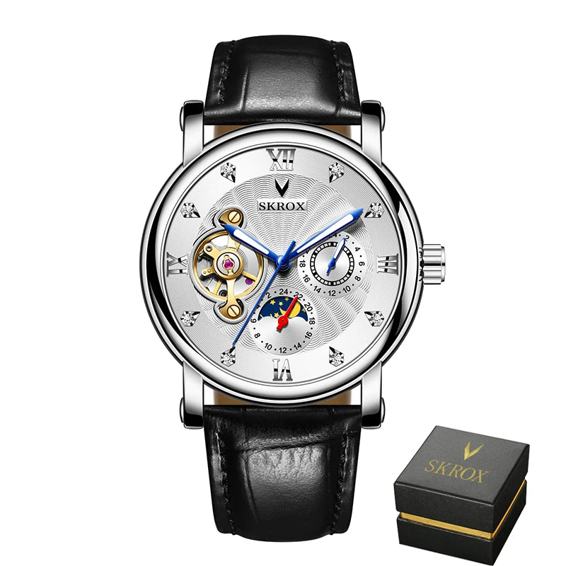 A luxury automatic mechanical watch for men, from a leading brand, featuring a tourbillon, a moon phase display and diamonds – an elegant wristwatch.