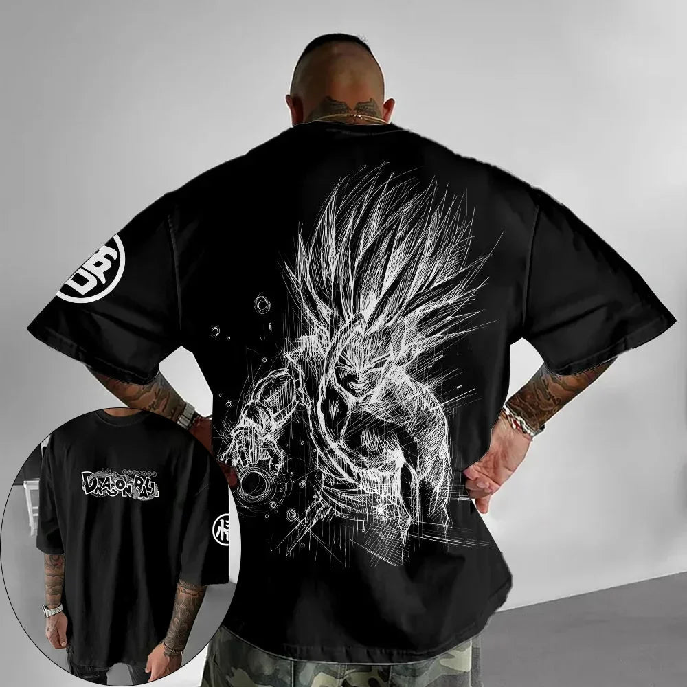 T-shirt da uomo Dragon Ball Animation estiva, nuova stampa fronte-retro, vestibilità ampia casual Harajuku, maniche corte trendy, top coordinato genitore-figlio