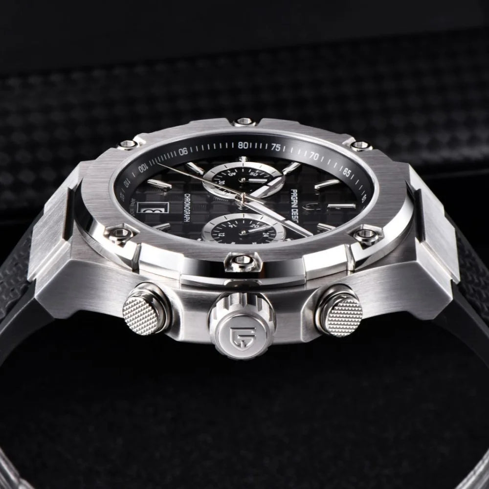 PAGANI DESIGN PD-YS032 Men's Quartz Watch 44mm Japan VK64 Movt Stainless Steel Case Rubber Strap Sapphire Glass 100M Waterproof
