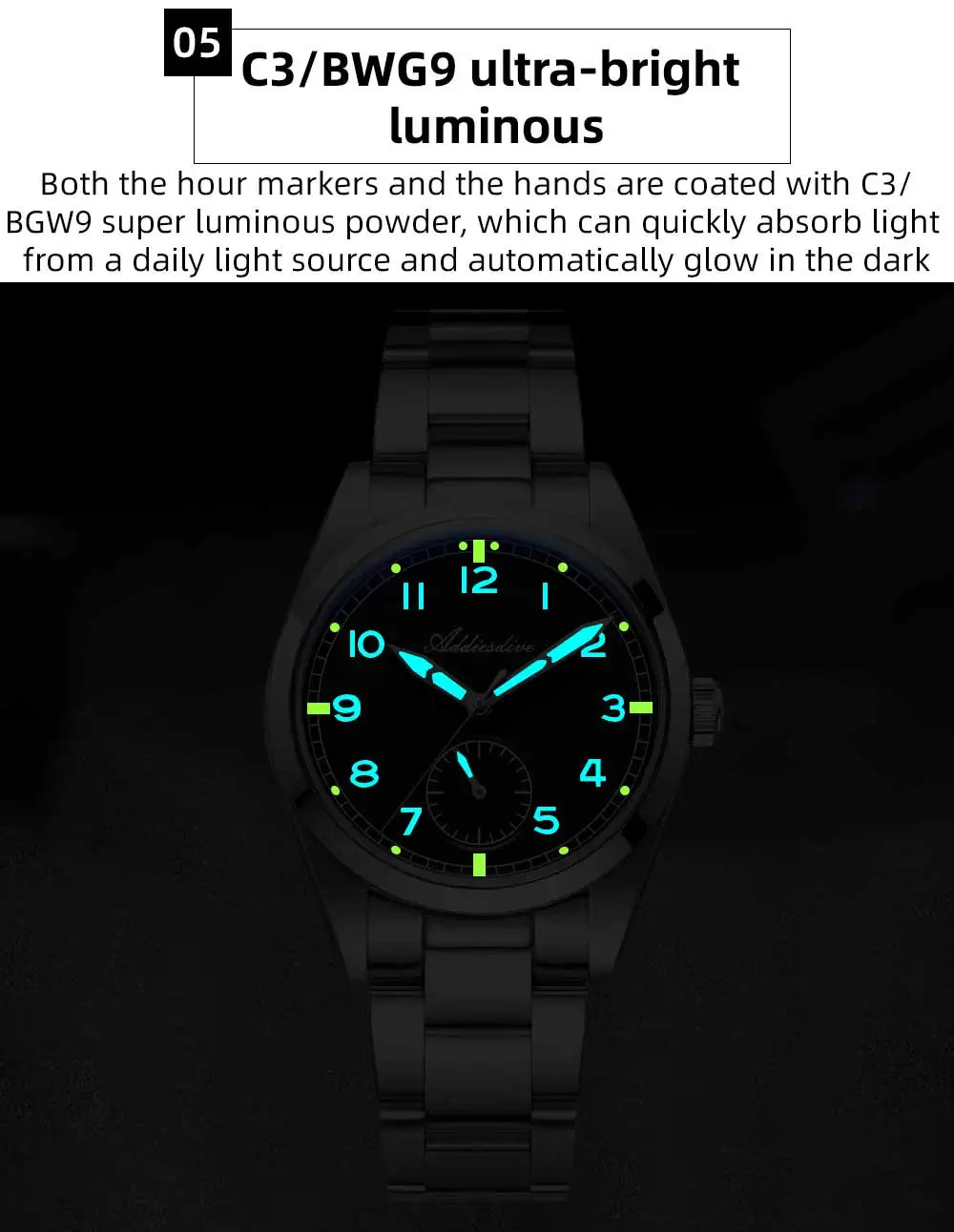 Reloj de cuarzo ADDIESDIVE de 36mm para hombre VH60, luminoso BGW9, cristal abombado tipo burbuja, cubierta de vidrio, resistente al agua 10Bar, acero inoxidable