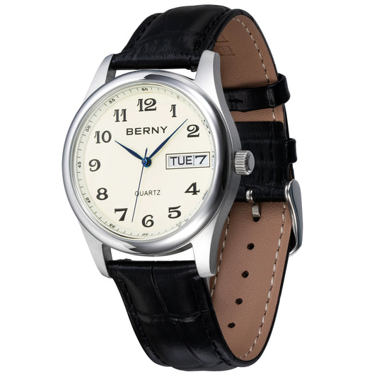 BERNY Quartz Watch for Men Miyota 2405 Business Male Wristwatch Day Top Calendar Genuine Leather Classic Men Watches Waterproof