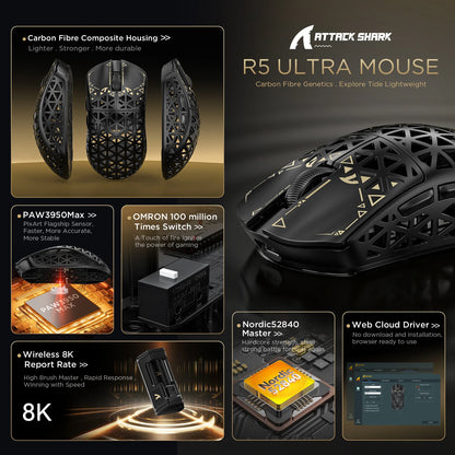 Rato Gaming Sem Fios ATTACK SHARK R5 Ultra Carbon Fiber 8K 39g SUPERLIGHT, Sensor Gaming PixArt PAW3950MAX, Polling Rate Sem Fios de 8000Hz