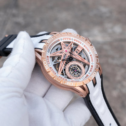 OBLVLO Mens Luxury Machinery Skeleton Dial Mechanical Automatic Watch Analog White Rubber Band Military Watch RD-901